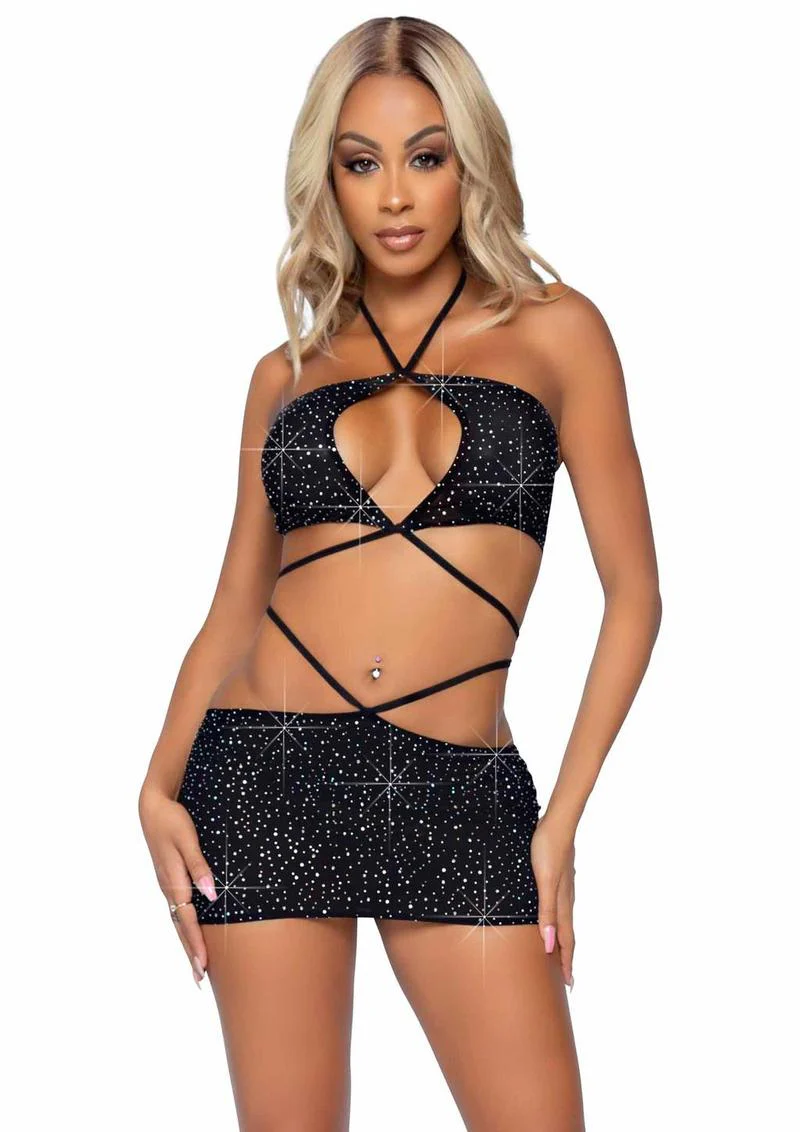 Leg Avenue Rhinestone Keyhole Bandeau Top and Low Rise Skirt with Waist Strap Detail - Image 3