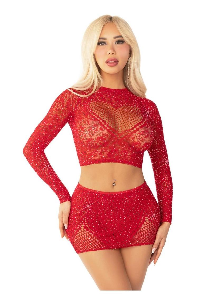 Leg Avenue Rhinestone Lace and Net Crop Top with Heart Keyhole Detail and Mini Skirt - Image 2