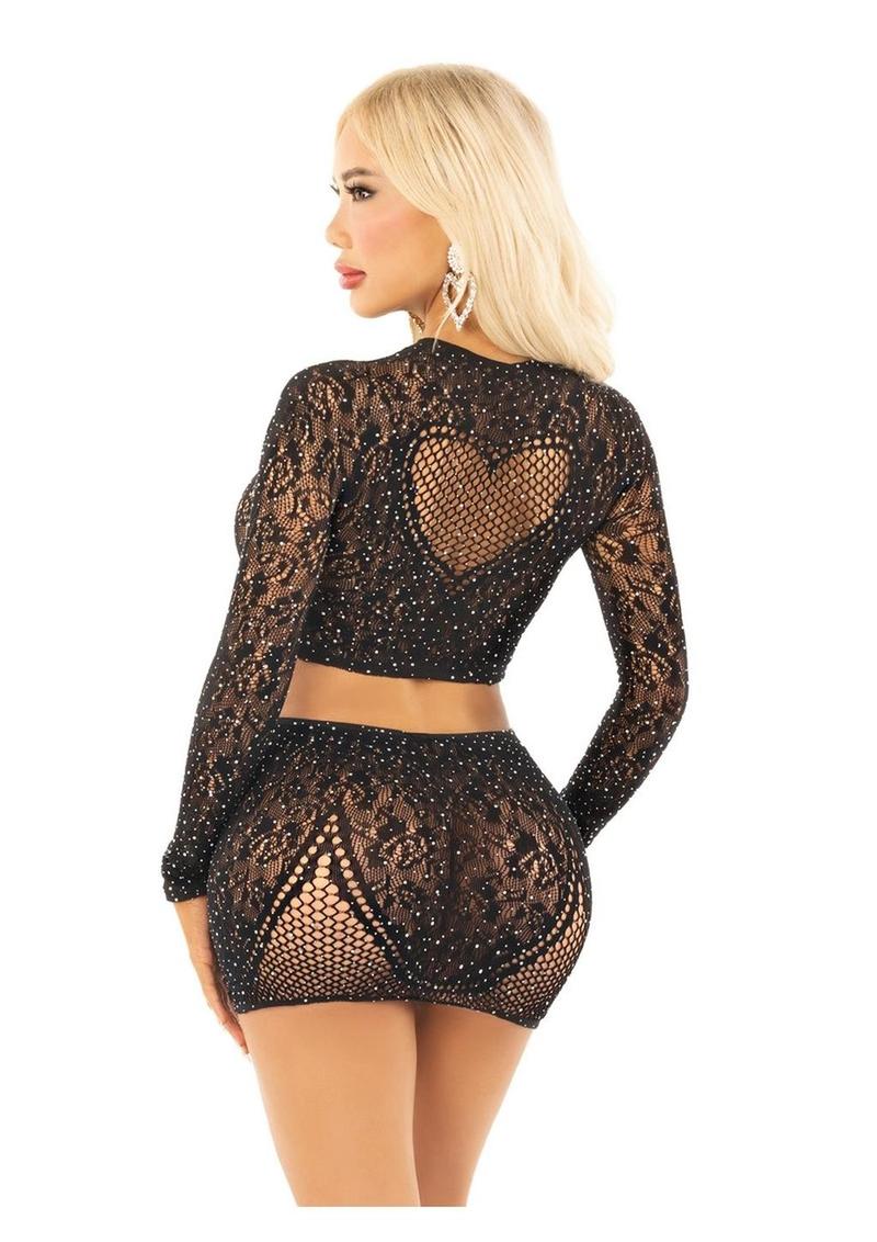 Leg Avenue Rhinestone Lace and Net Crop Top with Heart Keyhole Detail and Mini Skirt - Image 4