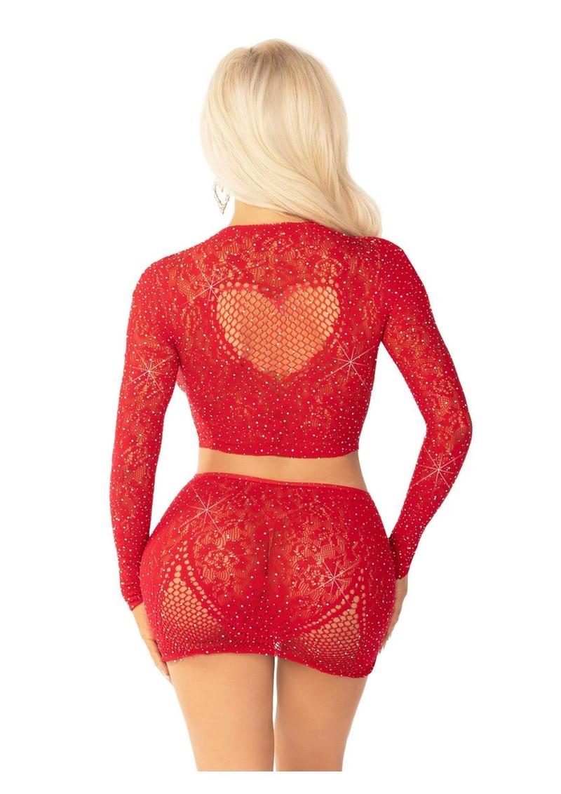 Leg Avenue Rhinestone Lace and Net Crop Top with Heart Keyhole Detail and Mini Skirt - Image 7