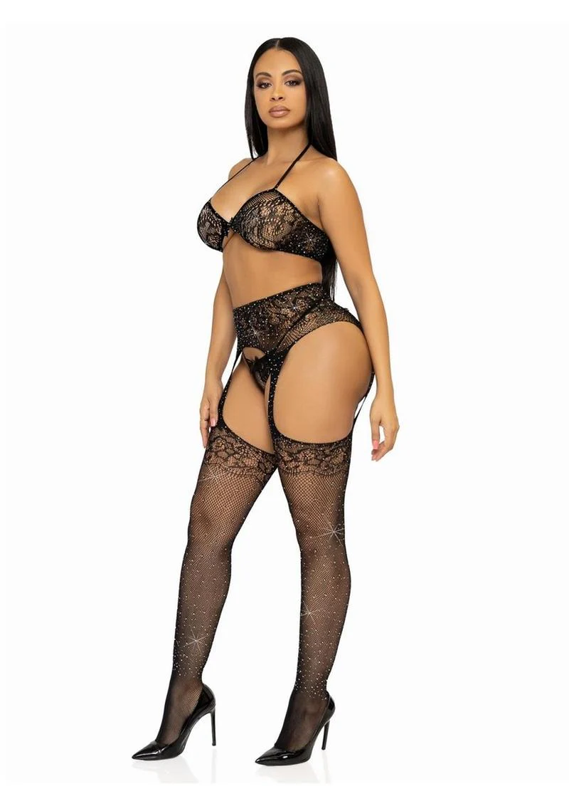 Leg Avenue Rhinestone Lace Bra Top, G-String, and Fishnet Garter Belt Stocking - Image 4