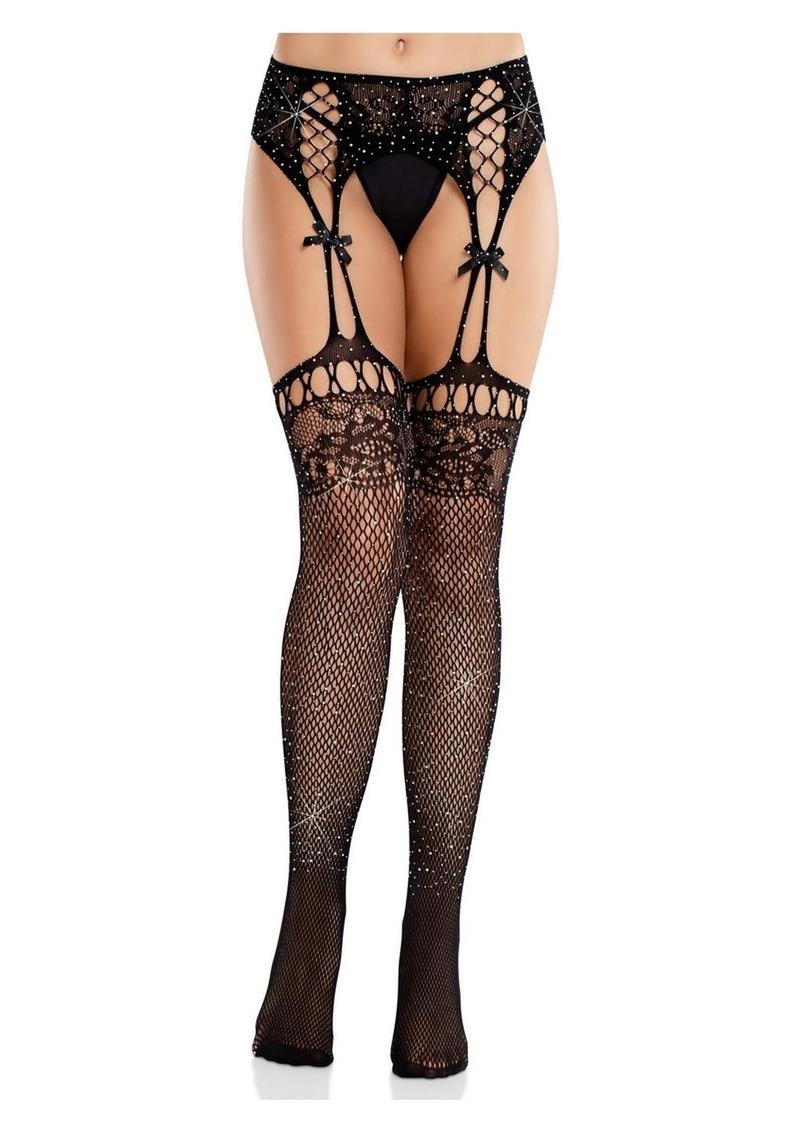 Leg Avenue Rhinestone Lace Top Fishnet Stockings with Attached Garter Belt - Image 5