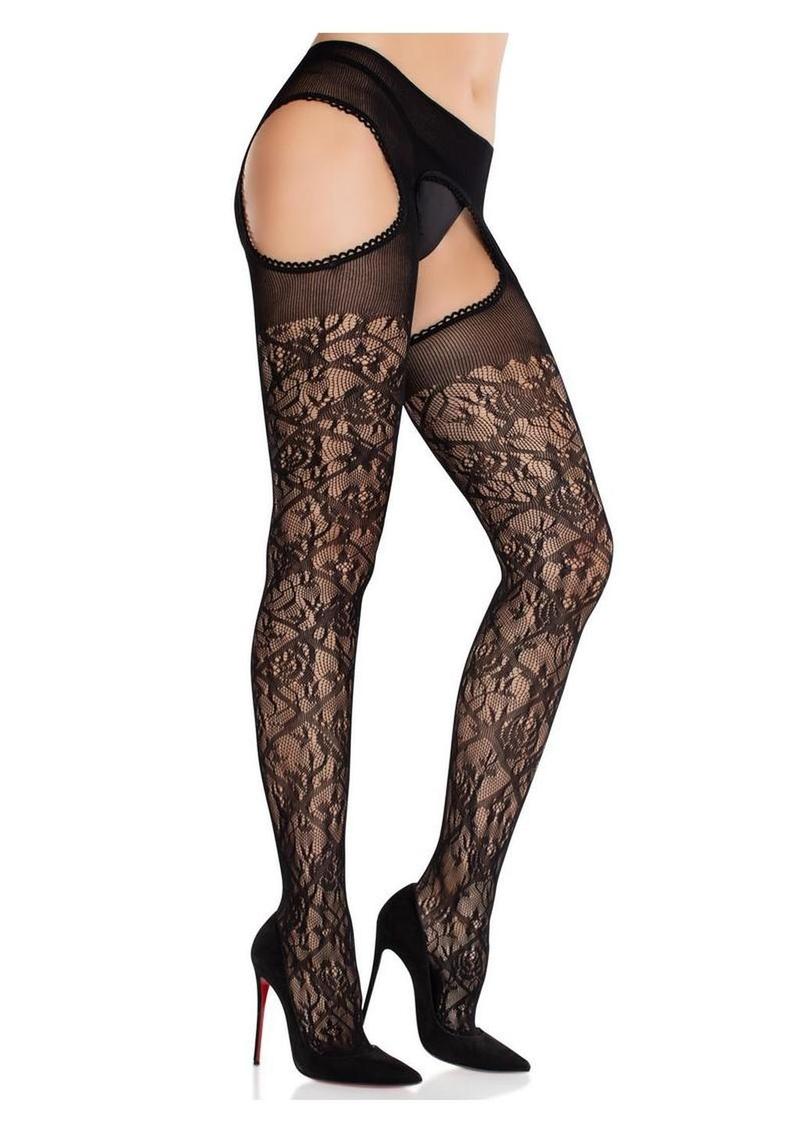 Leg Avenue Scalloped Trimmed Cross Hatch Floral Lace Suspender Hose - Image 2