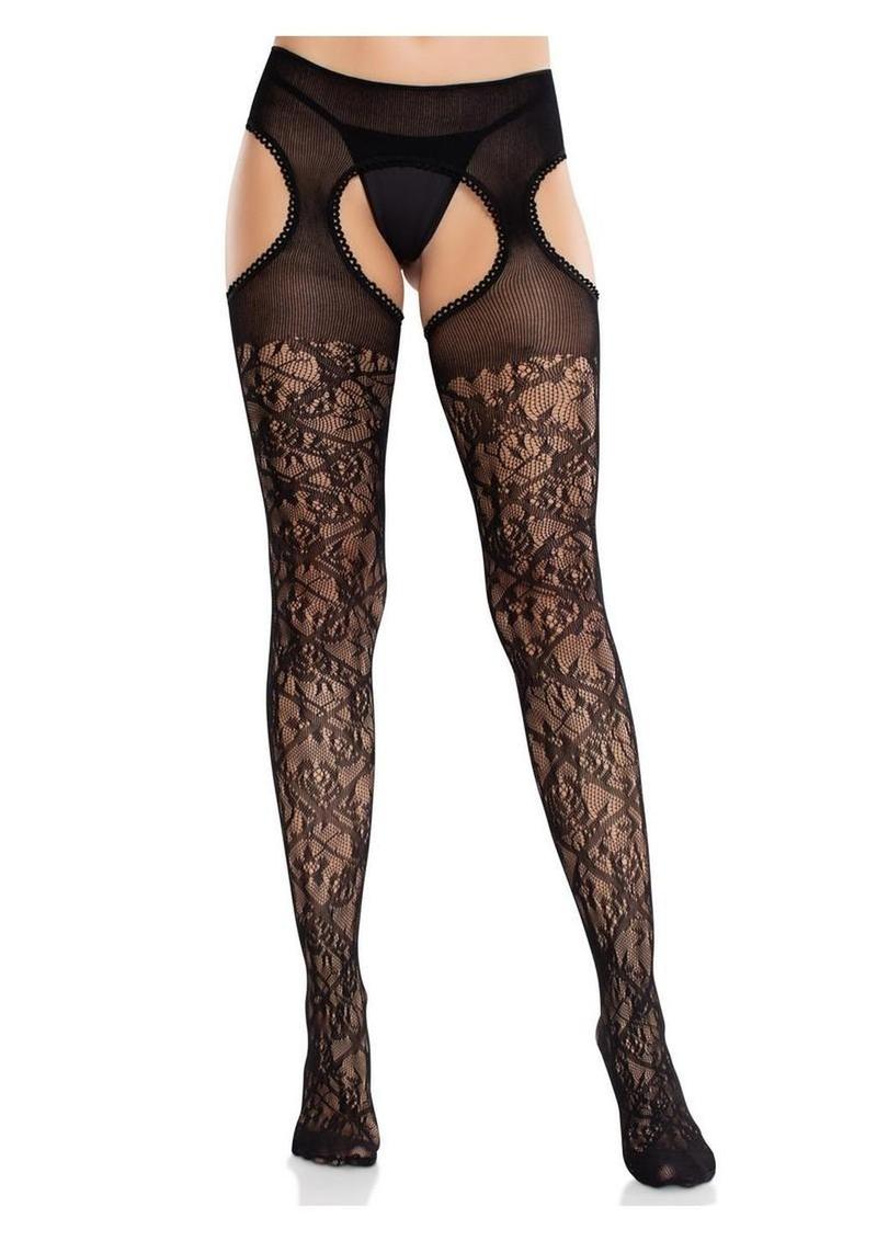 Leg Avenue Scalloped Trimmed Cross Hatch Floral Lace Suspender Hose - Image 4