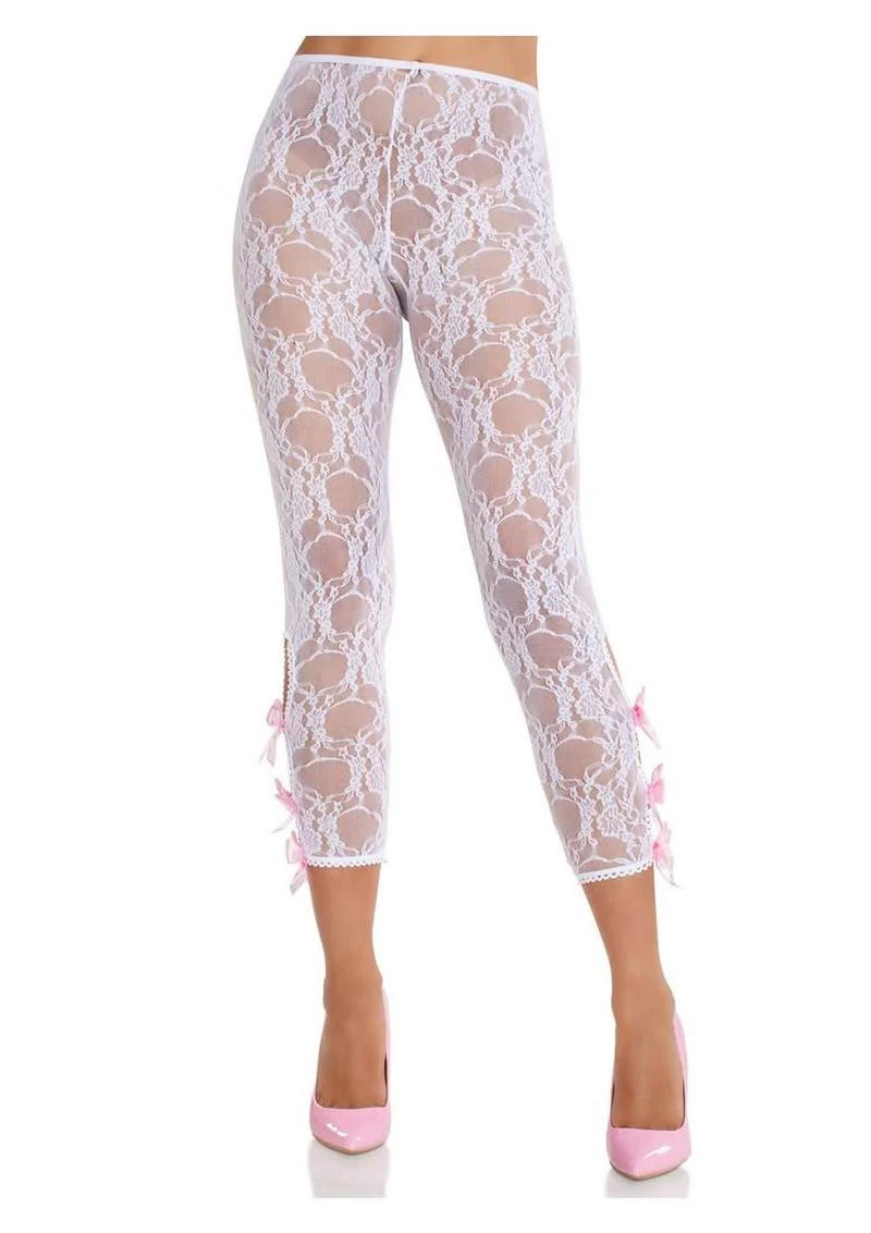 Leg Avenue Scalloped Trimmed Floral Lace Footless Capri Tights with Keyhole Bow Detail - Image 2