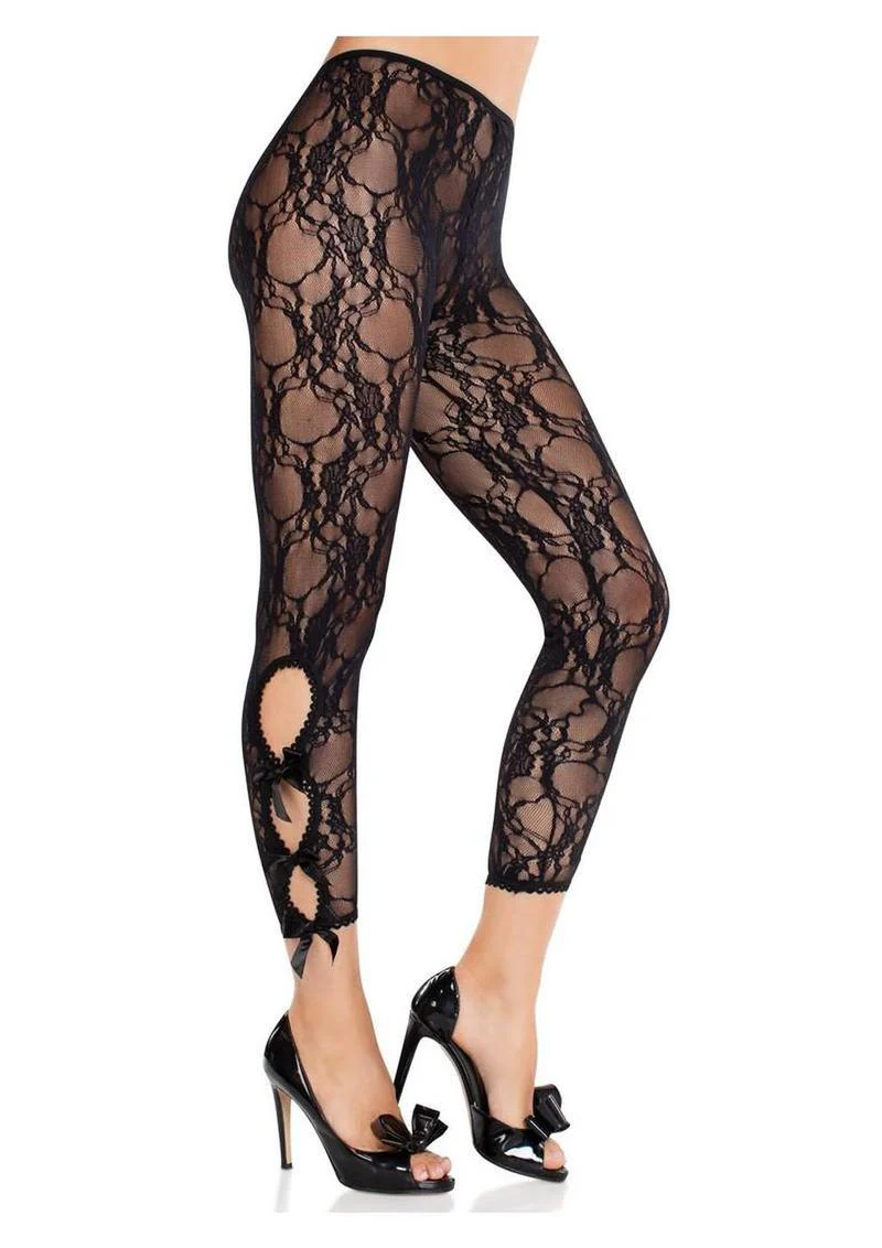 Leg Avenue Scalloped Trimmed Floral Lace Footless Capri Tights with Keyhole Bow Detail - Image 3