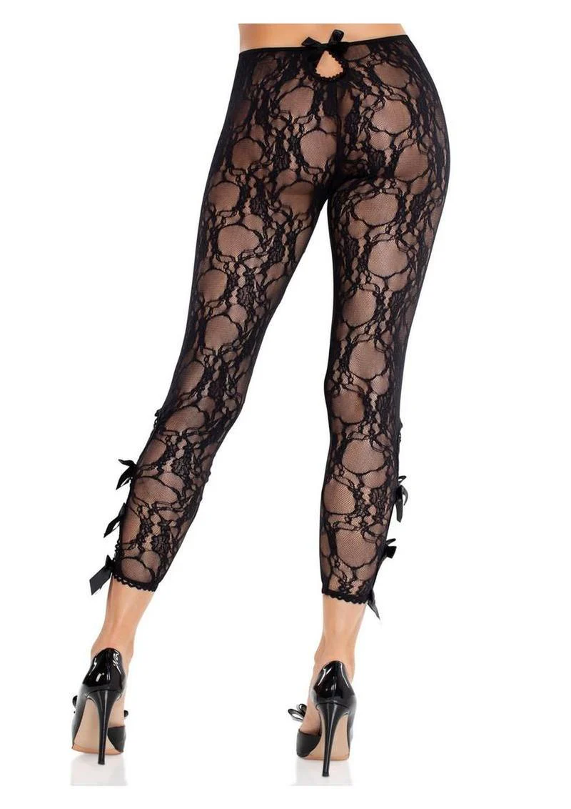 Leg Avenue Scalloped Trimmed Floral Lace Footless Capri Tights with Keyhole Bow Detail - Image 4
