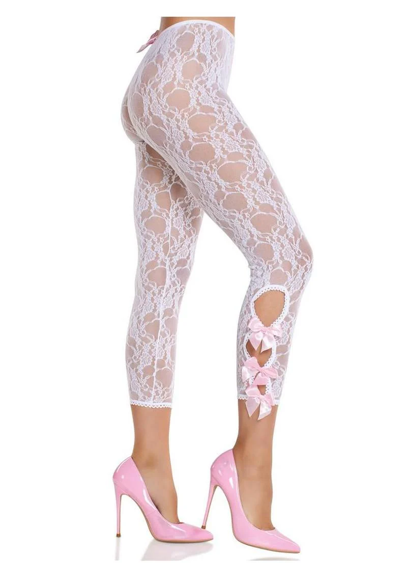 Leg Avenue Scalloped Trimmed Floral Lace Footless Capri Tights with Keyhole Bow Detail - Image 5