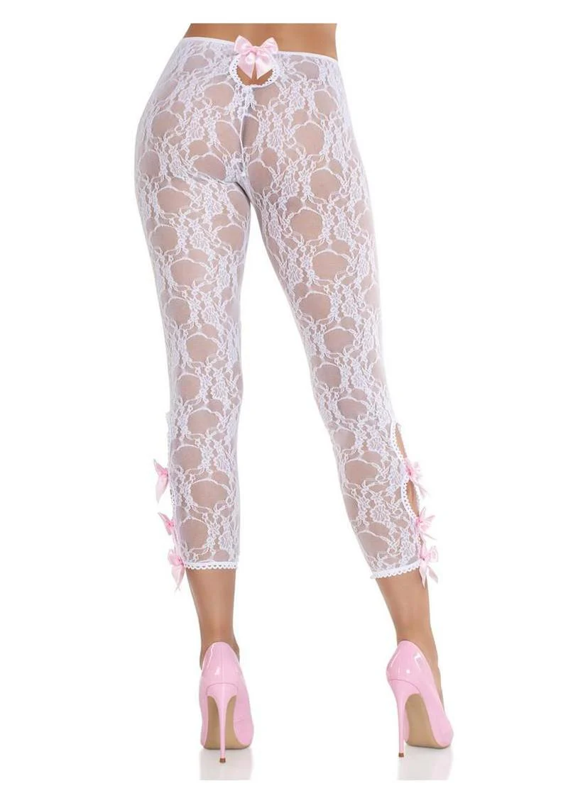 Leg Avenue Scalloped Trimmed Floral Lace Footless Capri Tights with Keyhole Bow Detail - Image 6