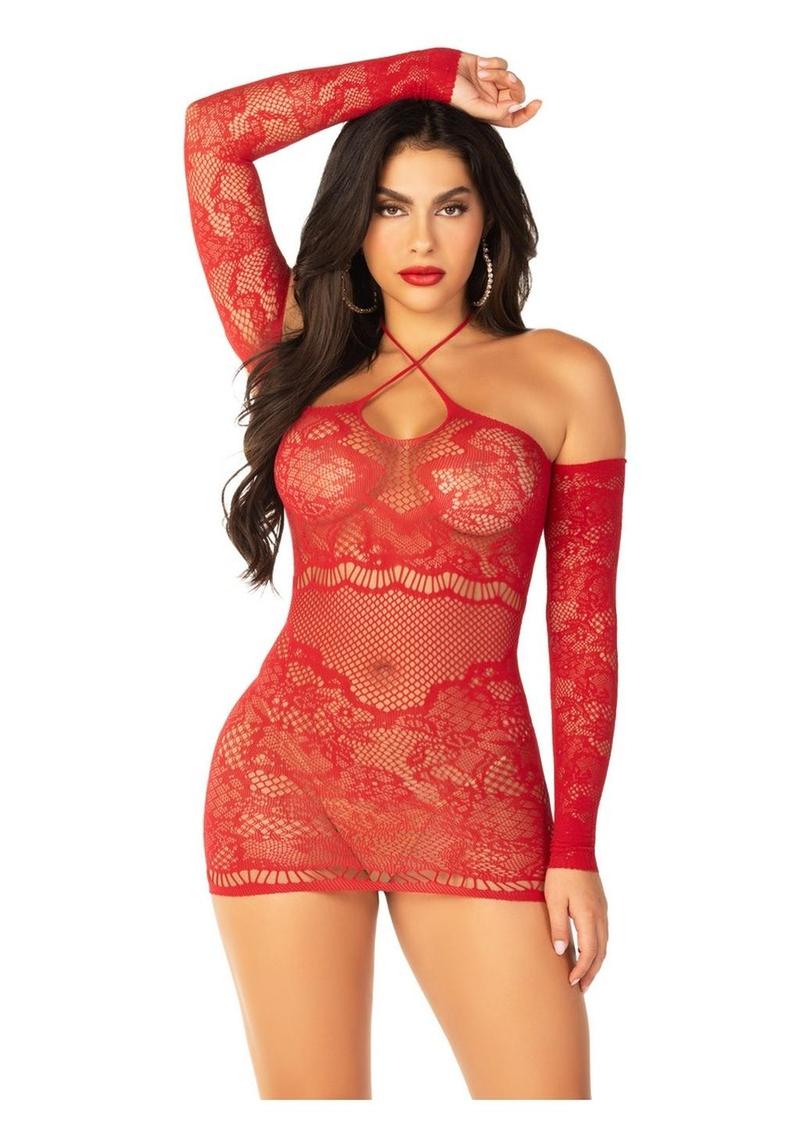 Leg Avenue Seamless Lace Net Off The Shoulder Mini Dress with Twist Halter Strap - Image 2
