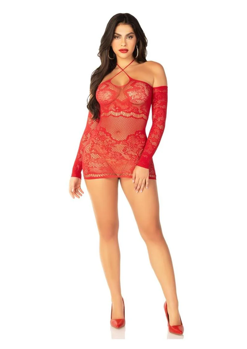 Leg Avenue Seamless Lace Net Off The Shoulder Mini Dress with Twist Halter Strap - Image 7