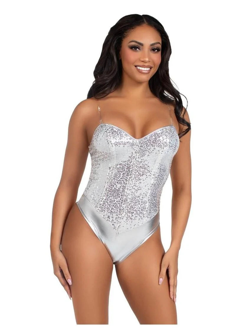 Leg Avenue Sequin Boned Snap Crotch Bodysuit with Detachable Clear Strap - Image 7