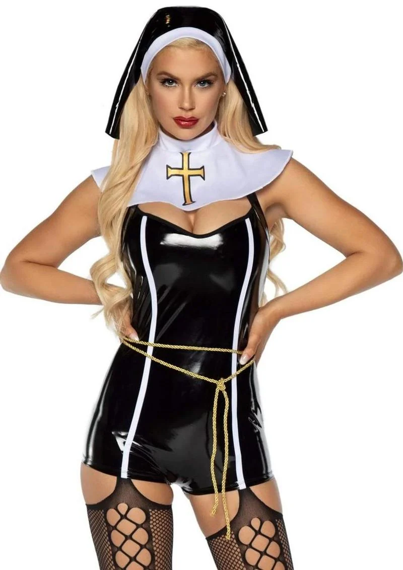 Leg Avenue Sinful Sister Vinyl Romper, Rope Belt, Collar and Nun Habit