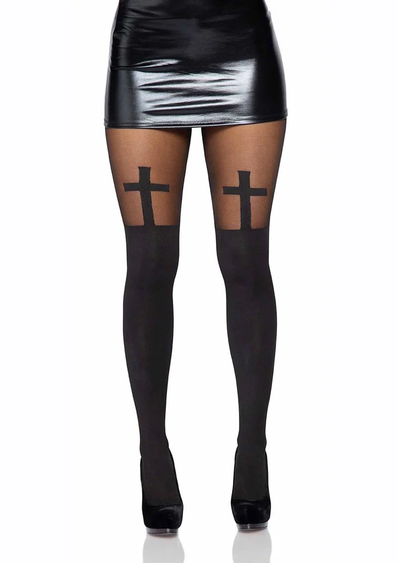 Leg Avenue Spandex Opaque Cross Pantyhose with Sheer Thigh Accent