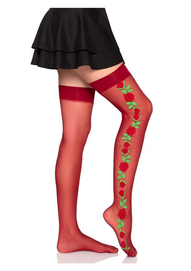 Leg Avenue Spandex Sheer Thigh Highs with Embroidered Rose Side Detail - Image 3