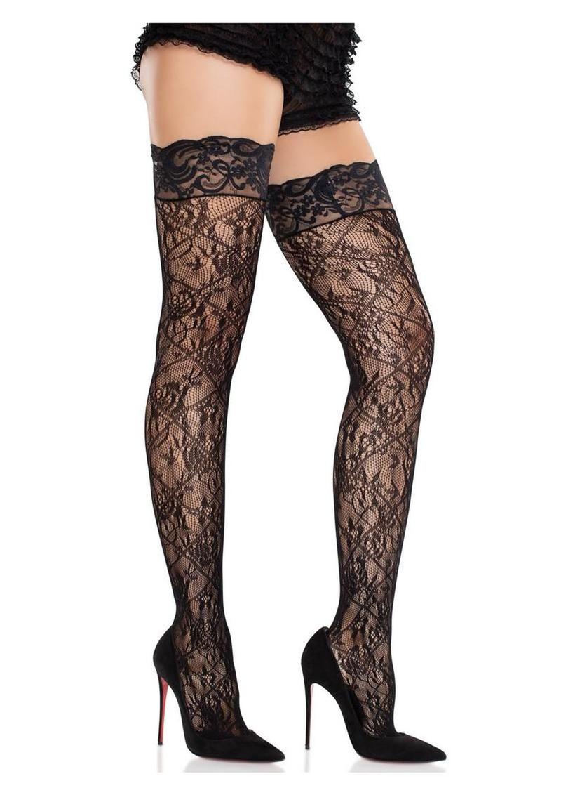 Leg Avenue Stay-Up Lace Top Cross Hatch Floral Lace Thigh Highs - Image 2