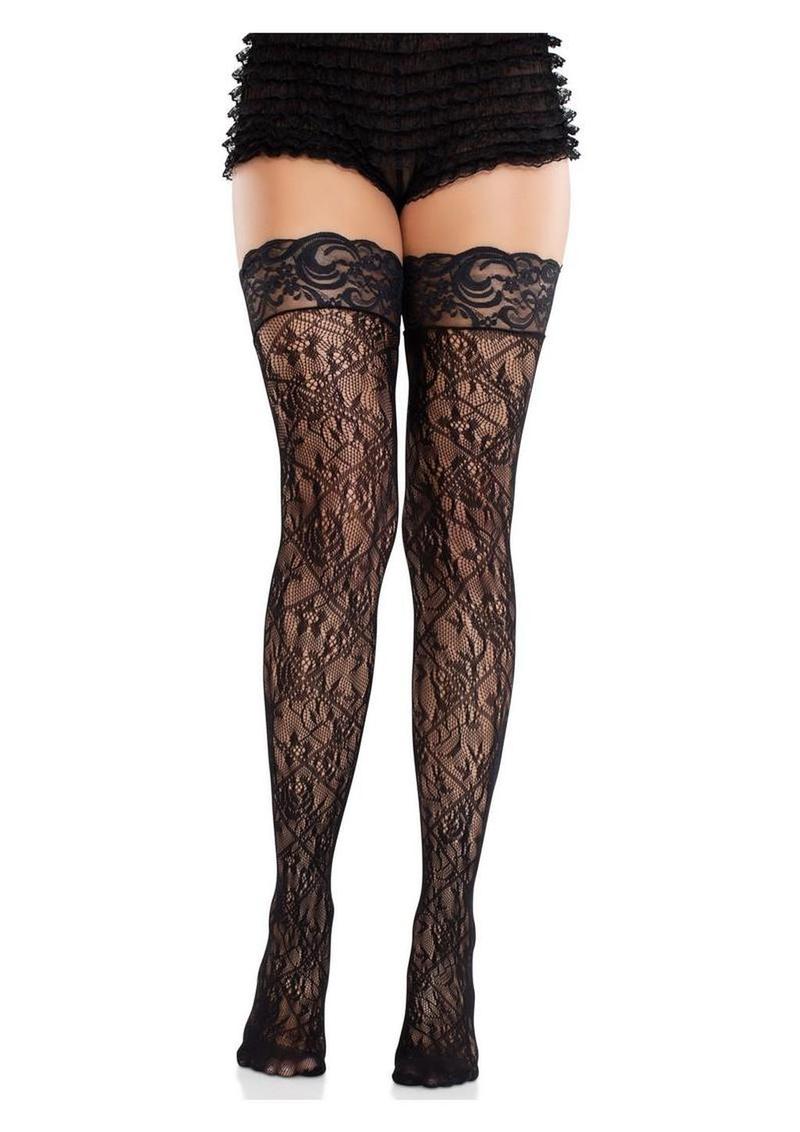 Leg Avenue Stay-Up Lace Top Cross Hatch Floral Lace Thigh Highs - Image 4