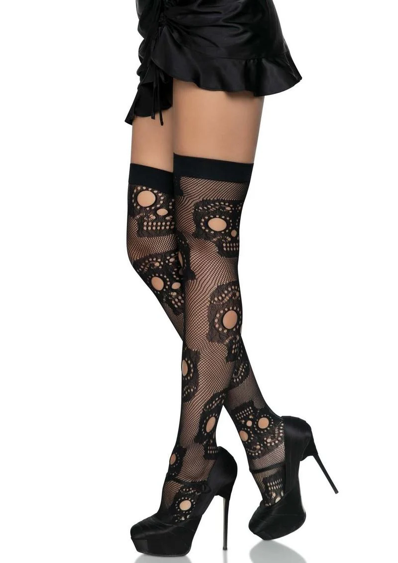 Leg Avenue Sugar Skull Net Thigh Highs - Image 3