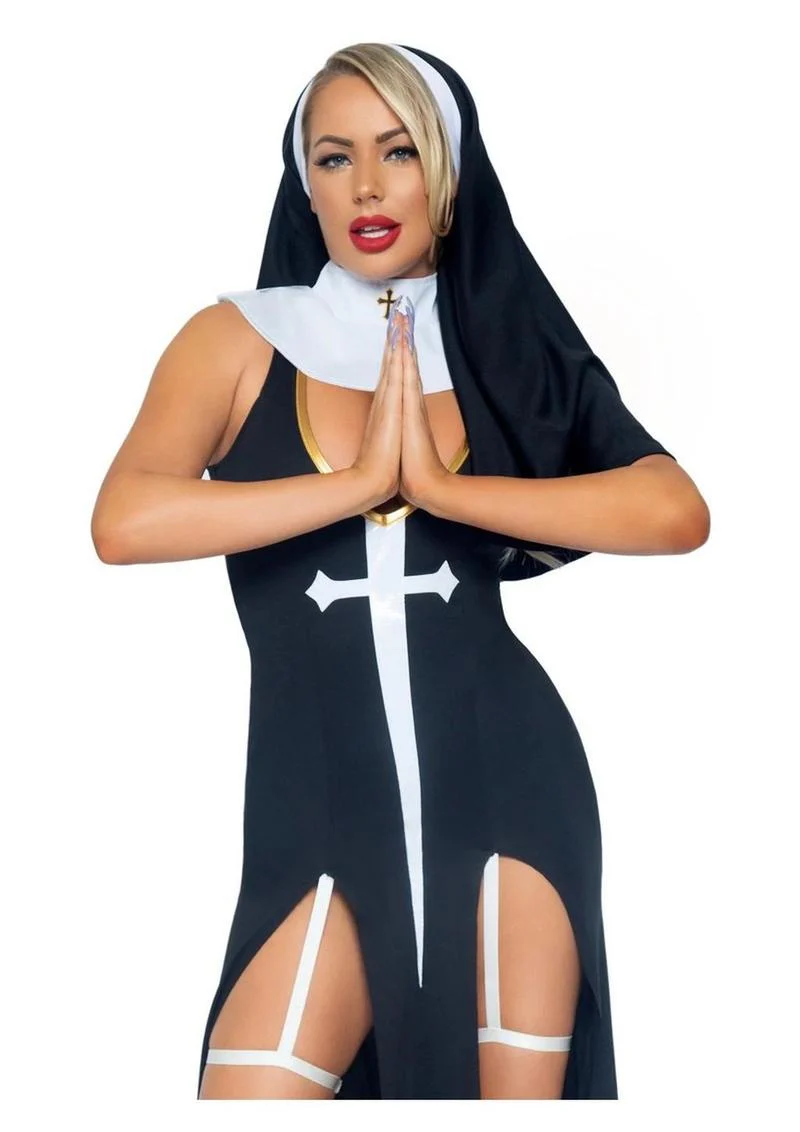 "Leg Avenue Sultry Sinner Dual Slit Garter Dress with Vinyl Cross Detail, Vinyl Collar, and Nun Habit" - Image 17