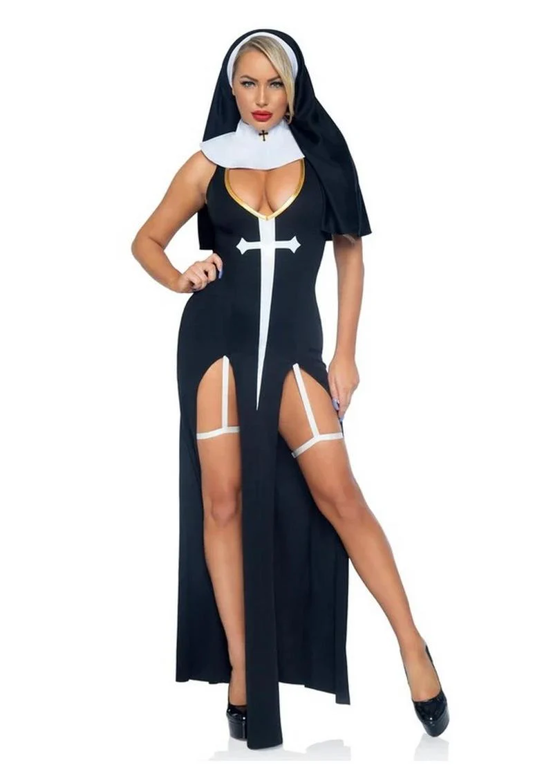 "Leg Avenue Sultry Sinner Dual Slit Garter Dress with Vinyl Cross Detail, Vinyl Collar, and Nun Habit" - Image 18