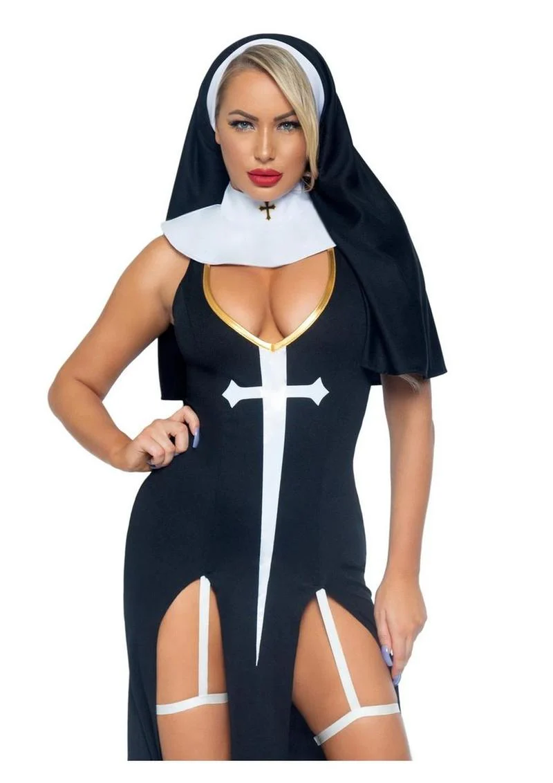"Leg Avenue Sultry Sinner Dual Slit Garter Dress with Vinyl Cross Detail, Vinyl Collar, and Nun Habit" - Image 5