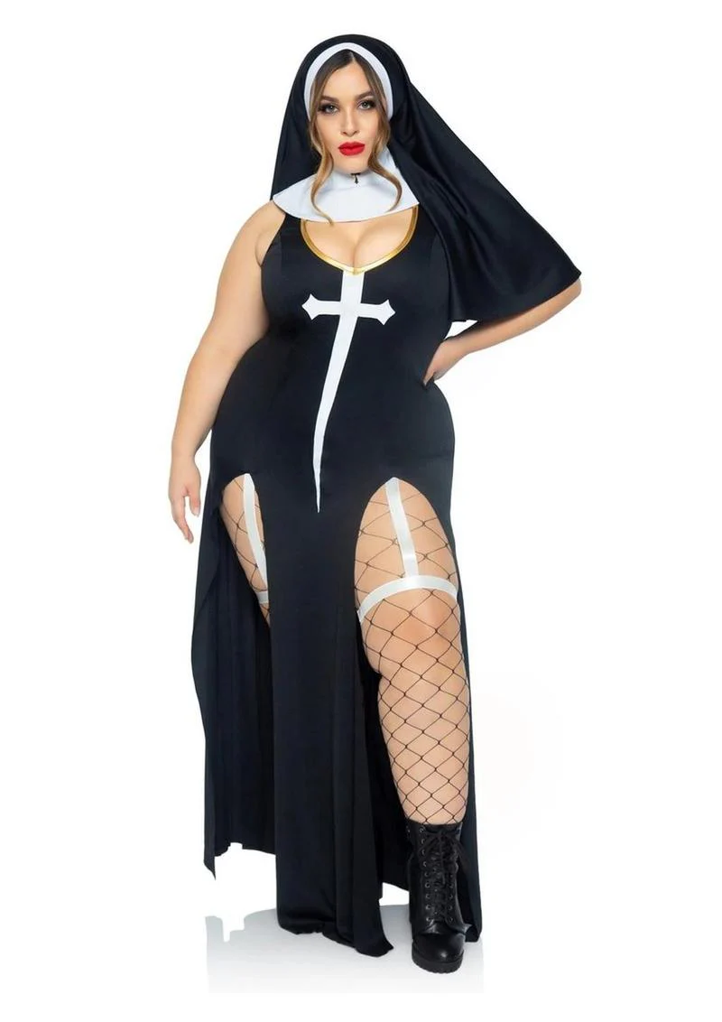 "Leg Avenue Sultry Sinner Dual Slit Garter Dress with Vinyl Cross Detail, Vinyl Collar, and Nun Habit" - Image 6