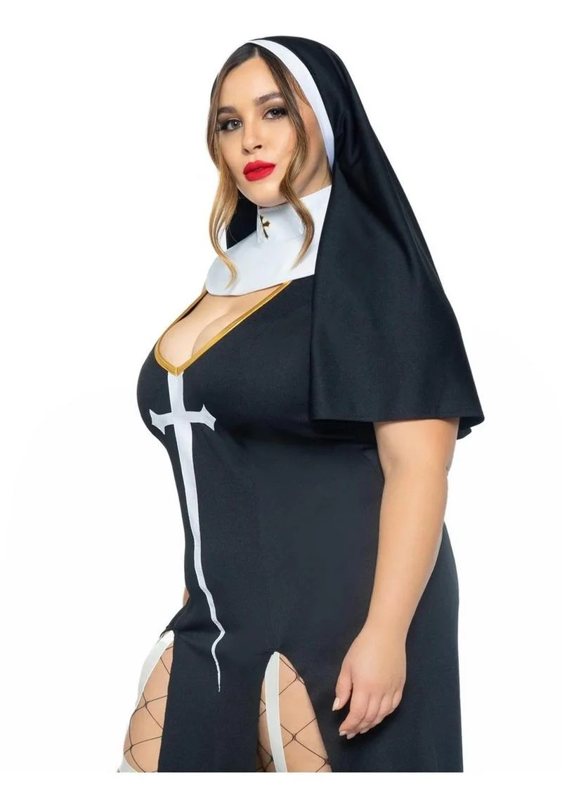 "Leg Avenue Sultry Sinner Dual Slit Garter Dress with Vinyl Cross Detail, Vinyl Collar, and Nun Habit" - Image 9