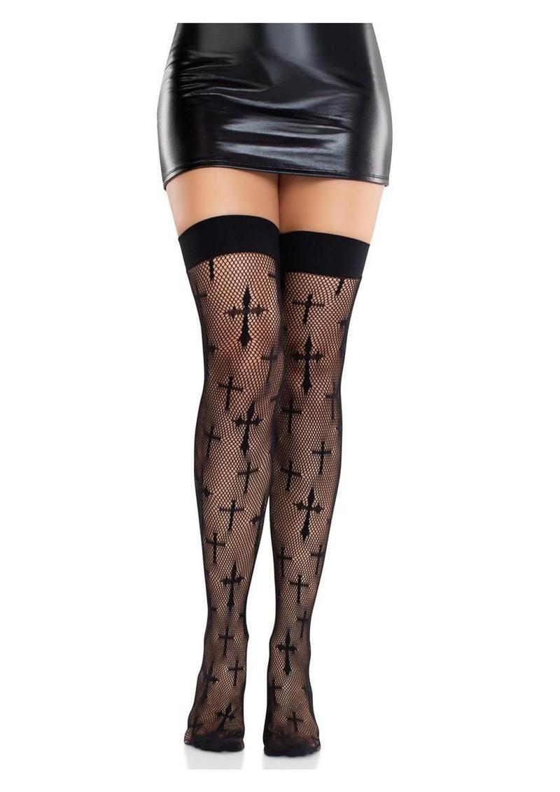 Leg Avenue Worship Me Cross Net Thigh Highs - Image 4