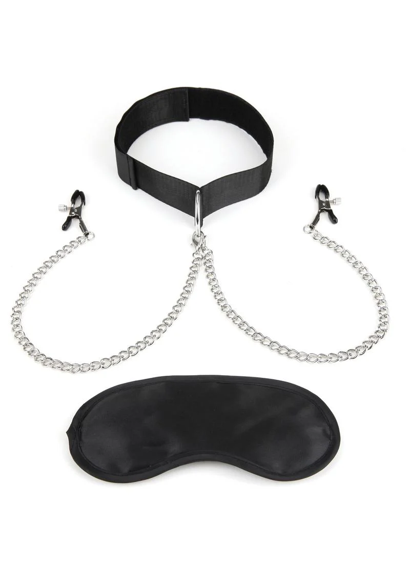 Lux Fetish Collar and Nipple Clamps with Adjustable Clamps