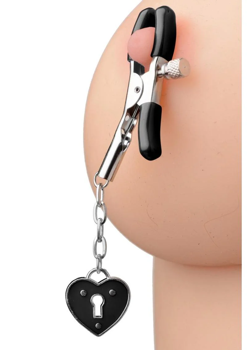 Master Series - Platinum Bound Charmed Heart Padlock Nipple Clamps - Image 3
