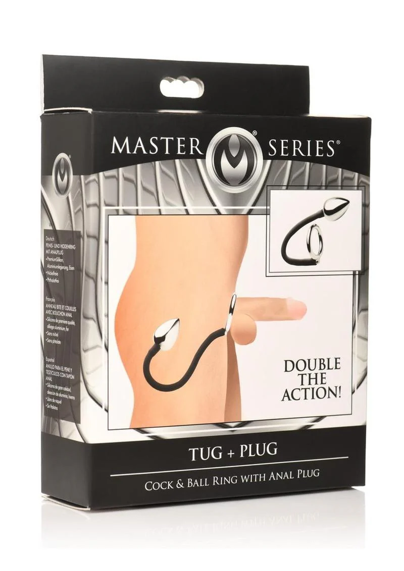 Master Series Tug + Plug Aluminum Cock and Ball Ring with Anal Plug - Image 2