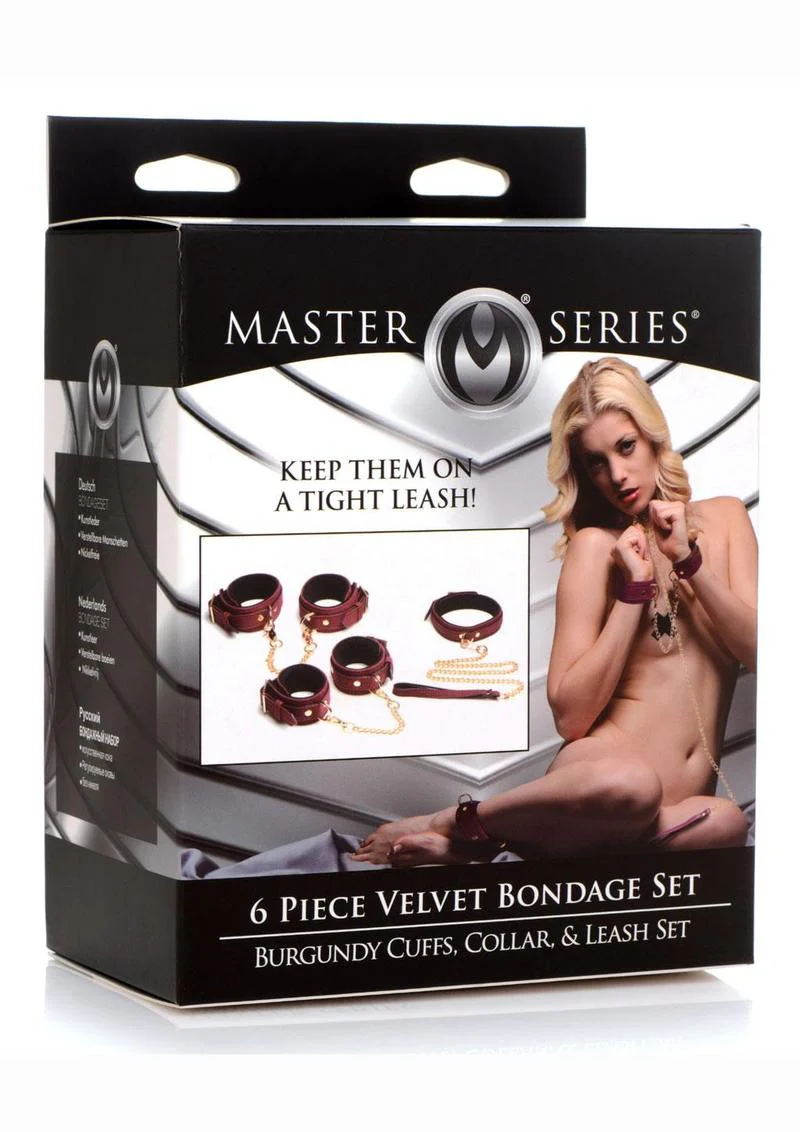 "Master Series Velvet Bondage Set Cuffs, Collar, and Leash" - Image 2