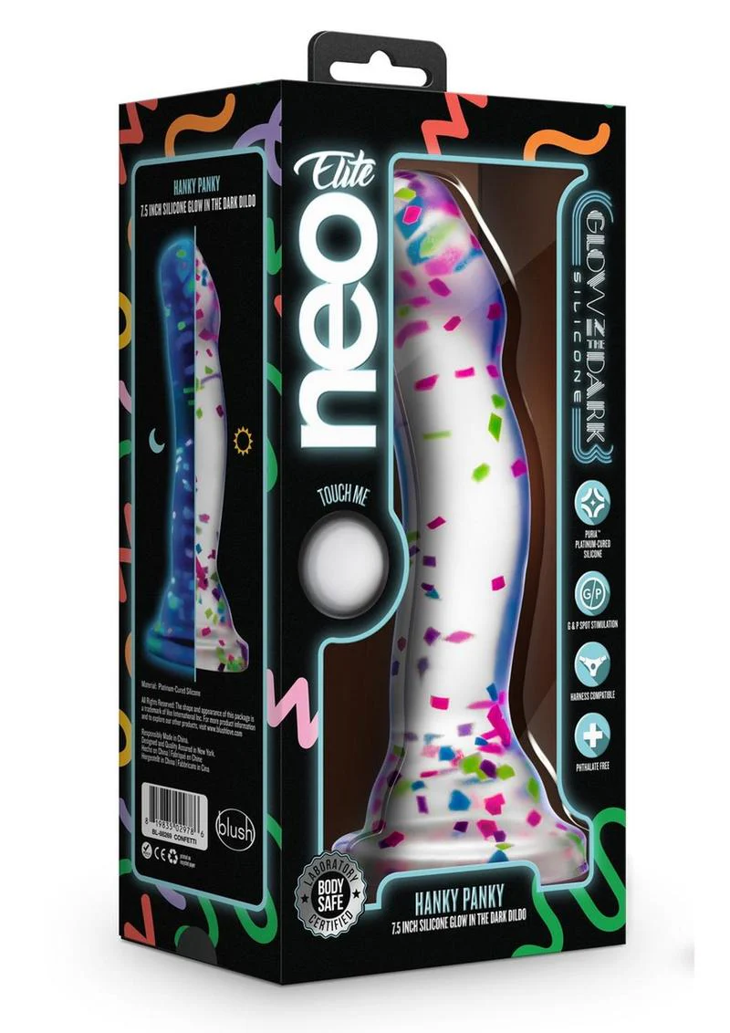 Neo Elite Glow In The Dark Silicone Hanky Panky Dildo 7.5in - Confetti - Image 2