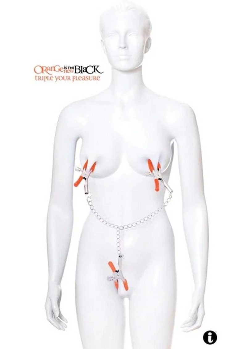 Orange Is The New Black Triple Your Pleasure Nipple and Clitoral Clamps with Chain