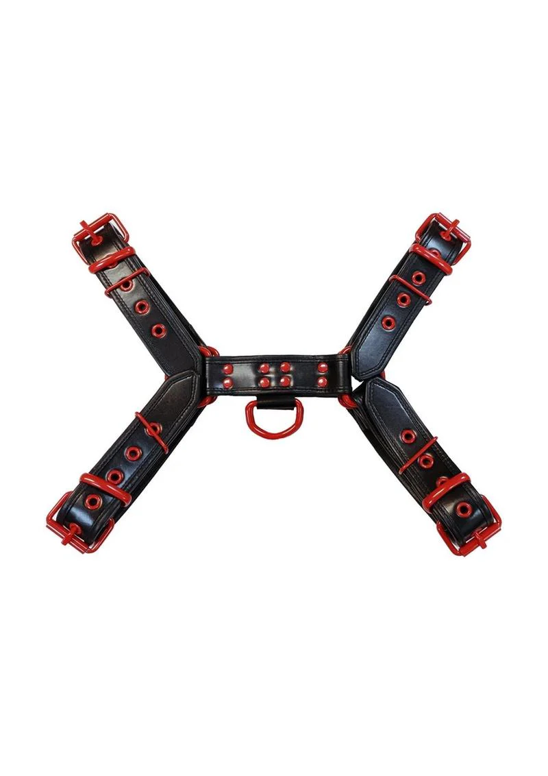 Rouge Leather Over The Head Harness Black with Red Accessories - Image 2