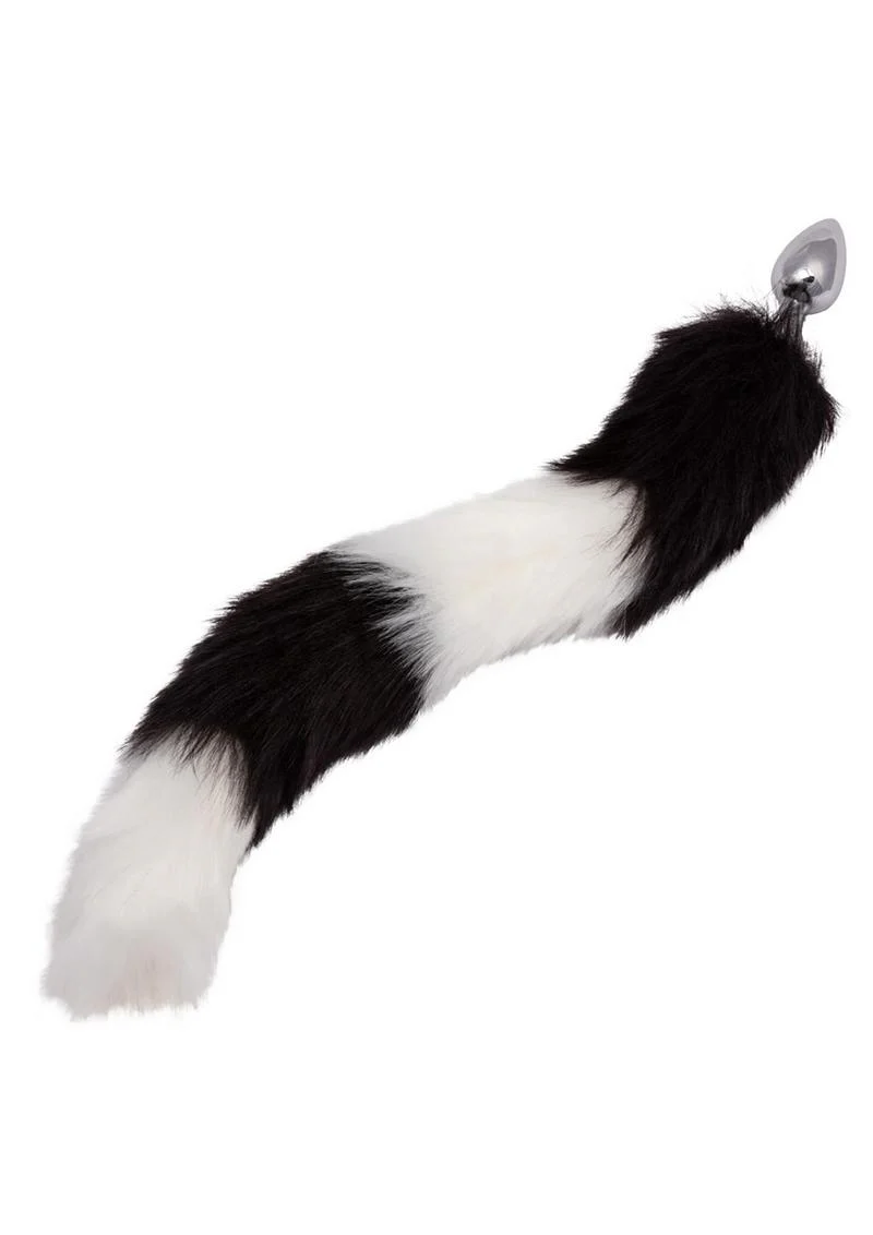Running Wild Black and White Tail Faux Fur Tail and Metallic Anal Plug - Image 3