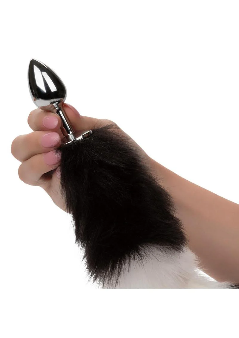 Running Wild Black and White Tail Faux Fur Tail and Metallic Anal Plug - Image 4