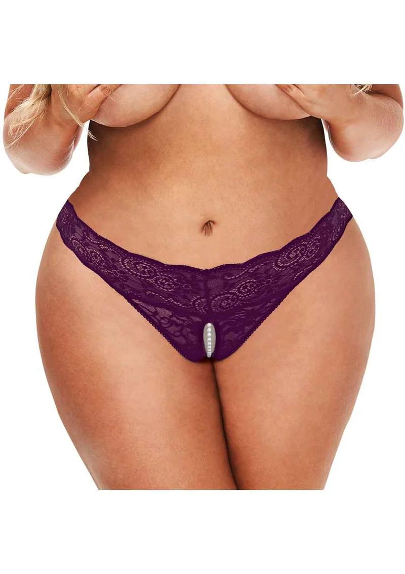 Secret Kisses Lace and Pearl Crotchless Thong
