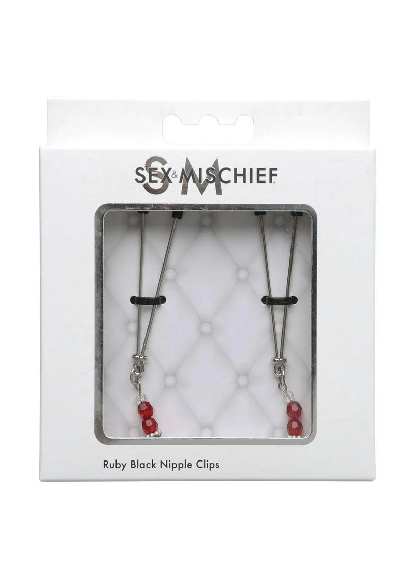 Sex and Mischief Ruby Black Adjustable Nipple Clips with Beads - Image 2
