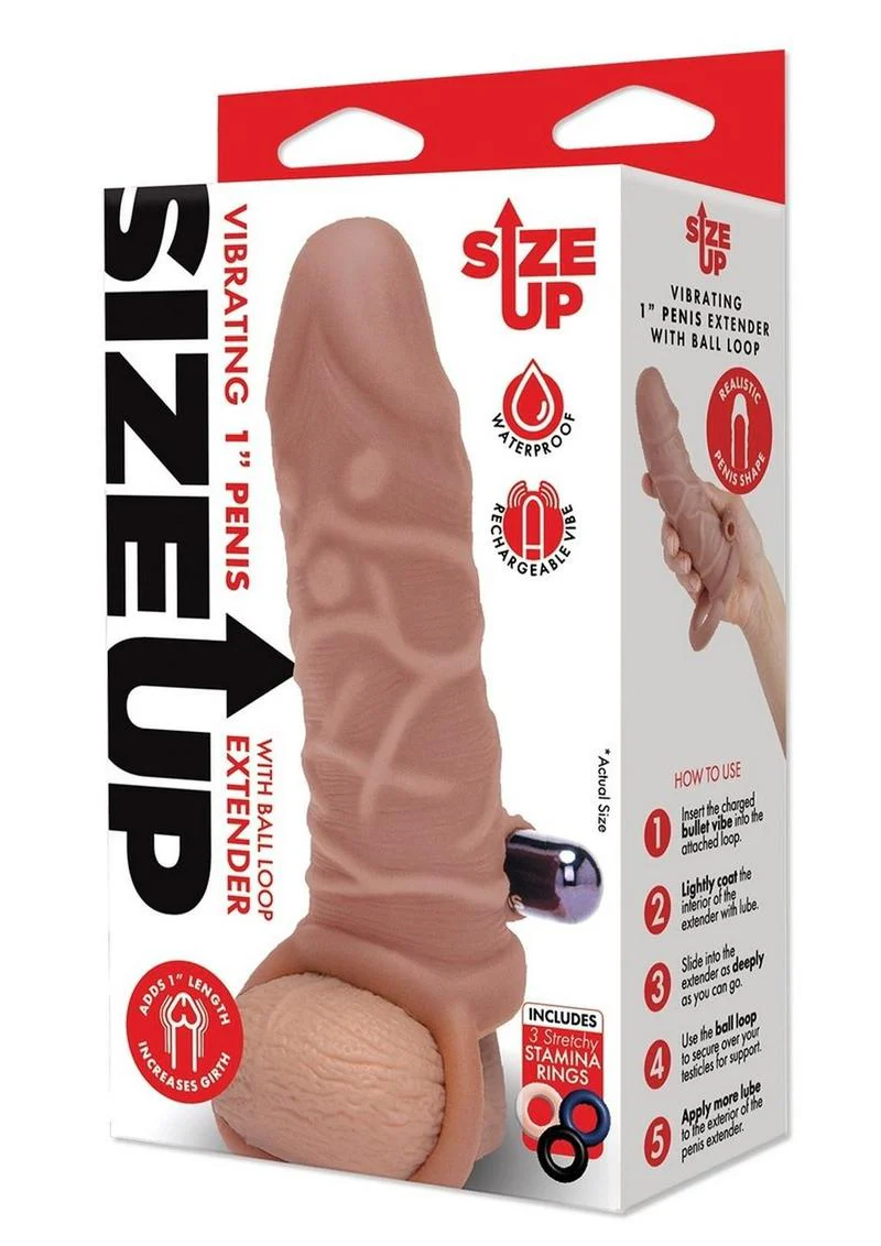 Size Up Silicone Vibrating Realistic Penis Extender with Ball Loop - Image 6