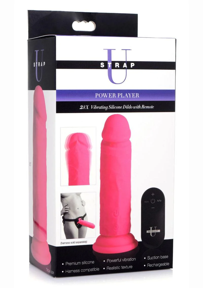 Strap U Power Player 28x Vibrating Silicone Rechargeable Dildo 6.5in with Remote Control - Image 2