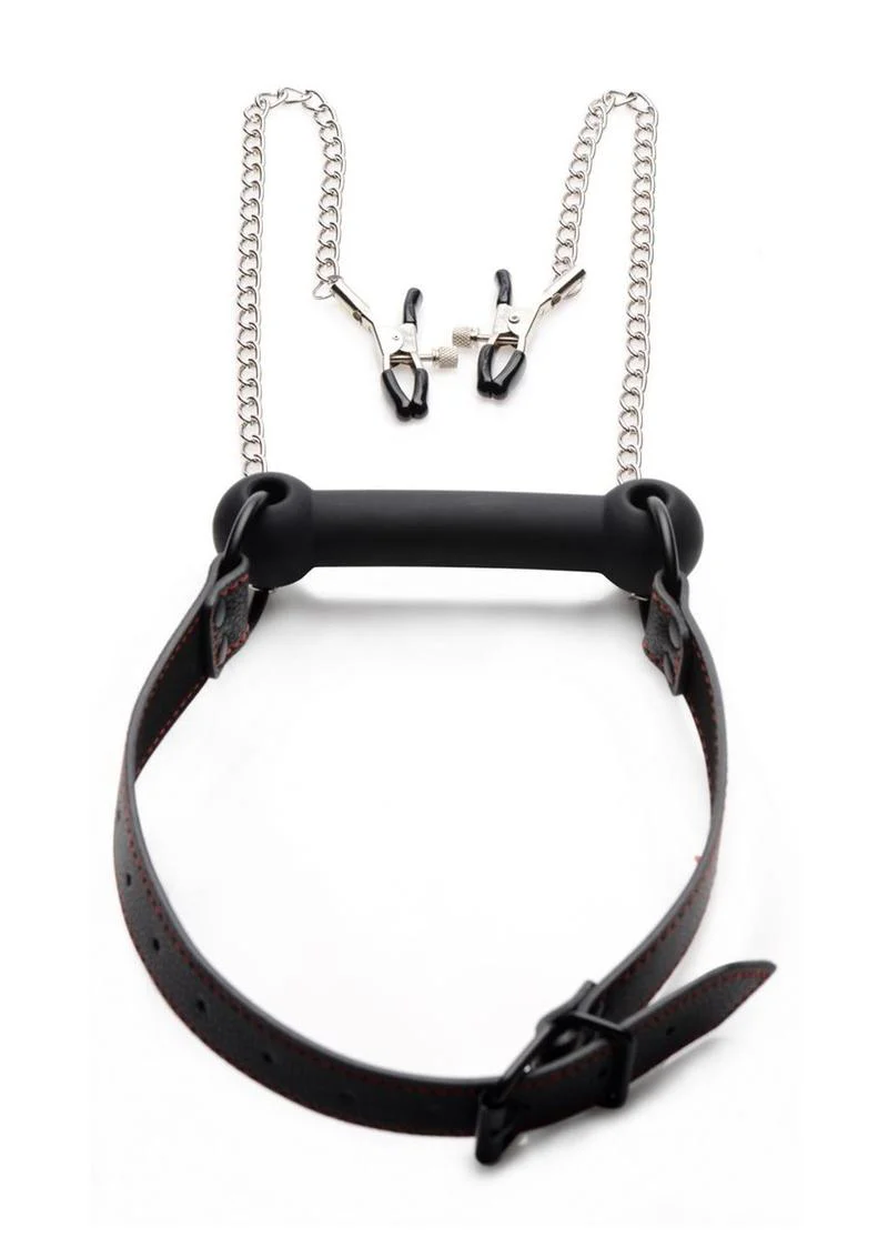 Strict Black Silicone Bit Gag with Nipple Clamps - Image 4