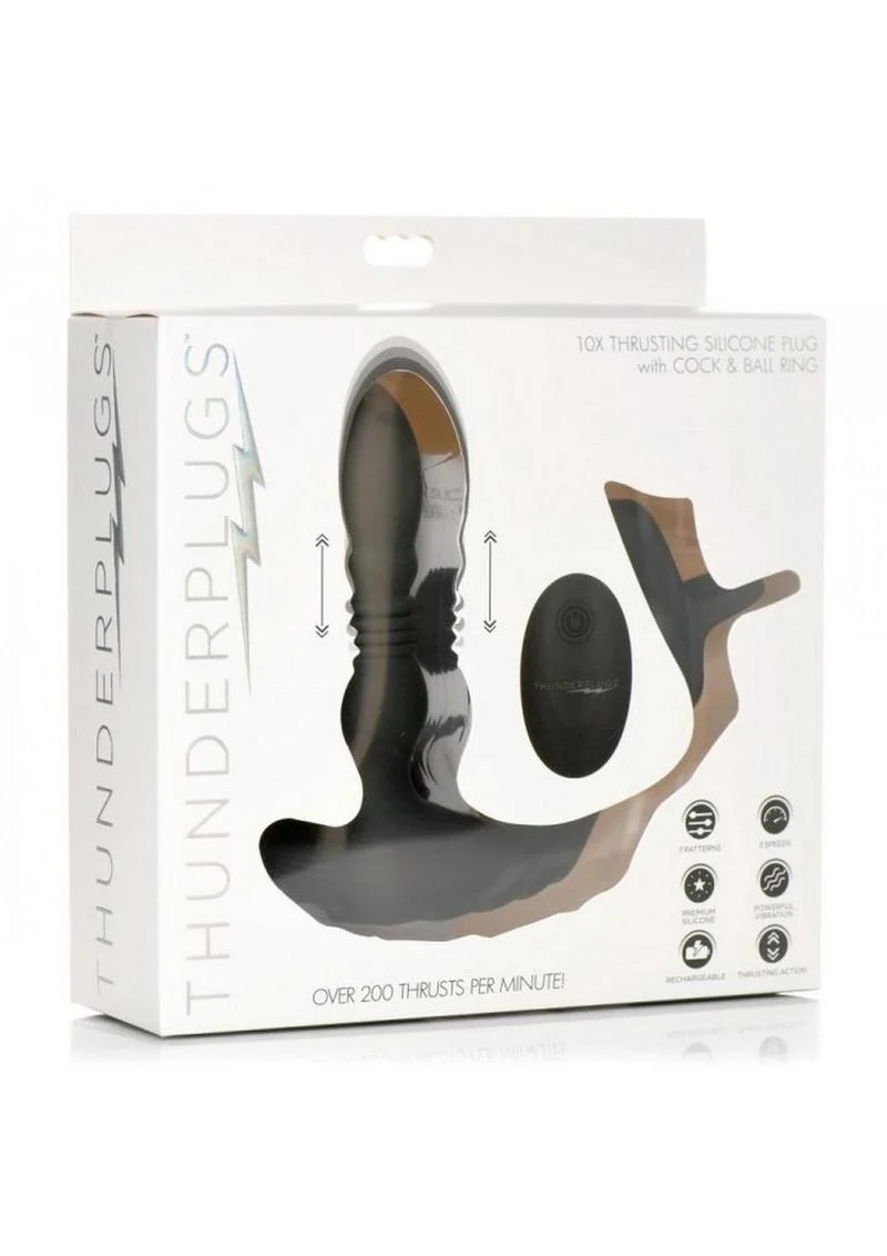 Thunder Plugs Rechargeable 10x Thrusting Silicone Vibrator with Cock and Ball Strap - Image 2