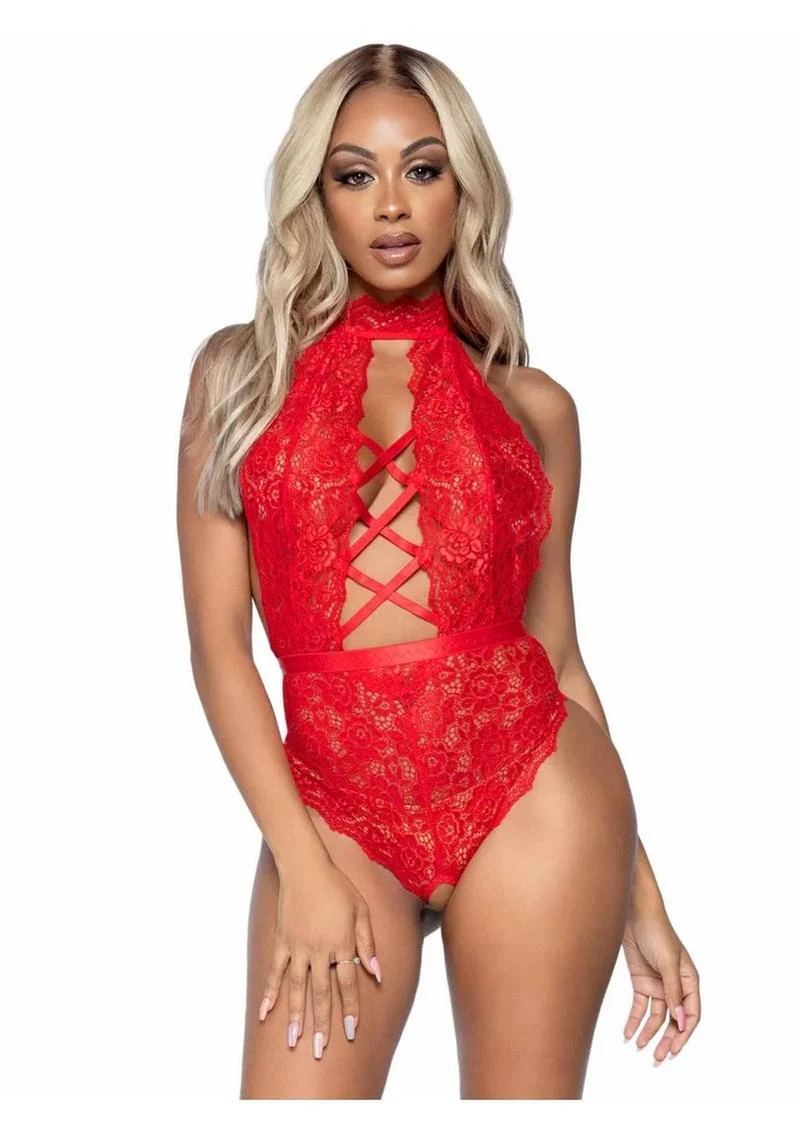 Leg Avenue High Neck Floral Lace Backless Teddy with Lace Up Accents and Crotchless Thong Panty - Image 2