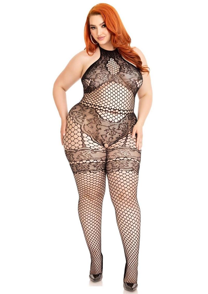 Leg Avenue Seamless Industrial Net Halter Bodystocking with Faux Lace Lingerie Detail - Image 6
