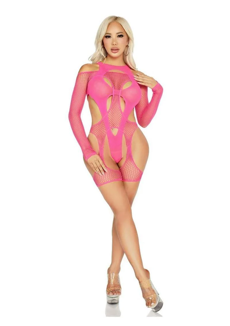 Leg Avenue Off-The-Shoulder Fishnet Garter Harness and Layered Opaque Cut-Out Teddy - Image 4
