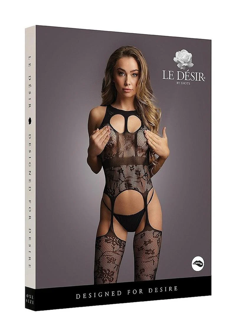 Le Desir Lace Suspender Bodystocking with Round Neck - Image 3