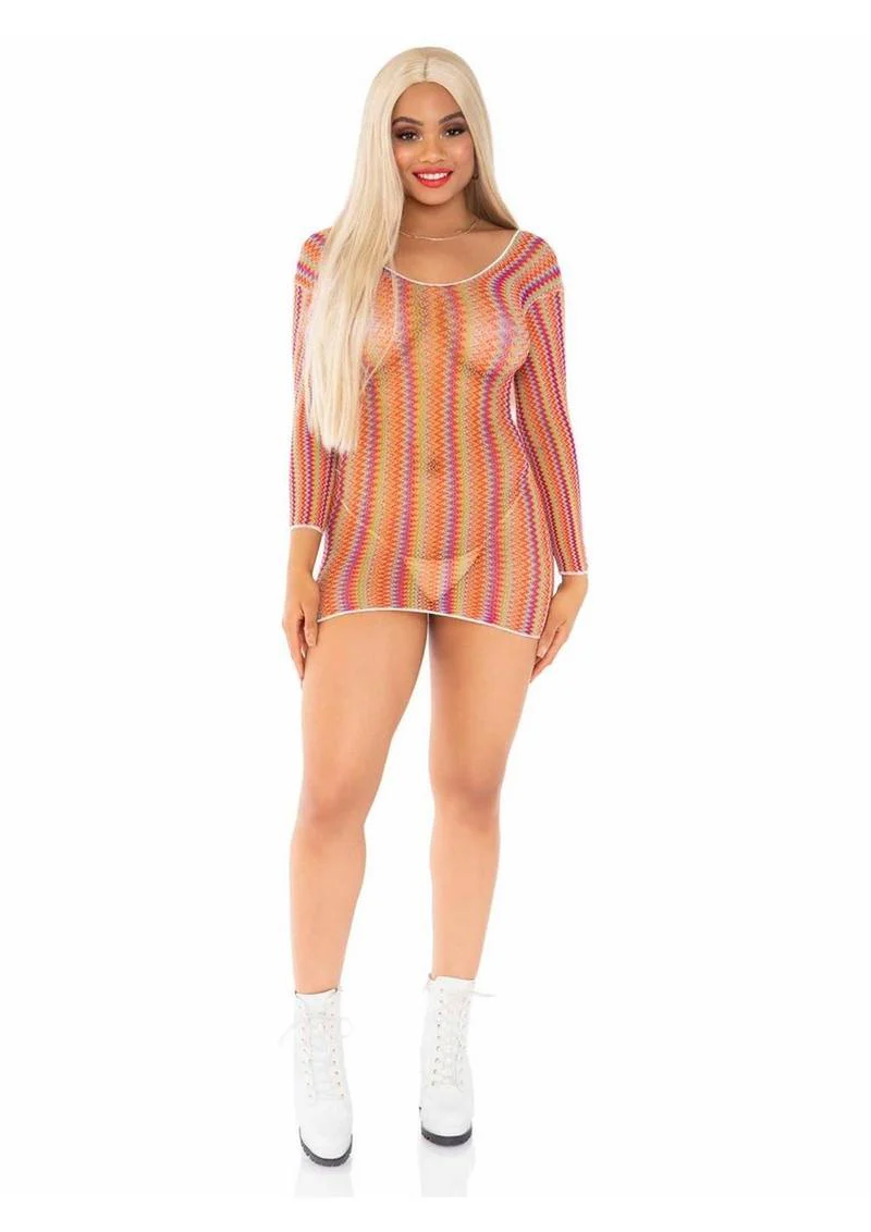 Zig Zag Rainbow Net Long Sleeve Mini Dress - Image 3